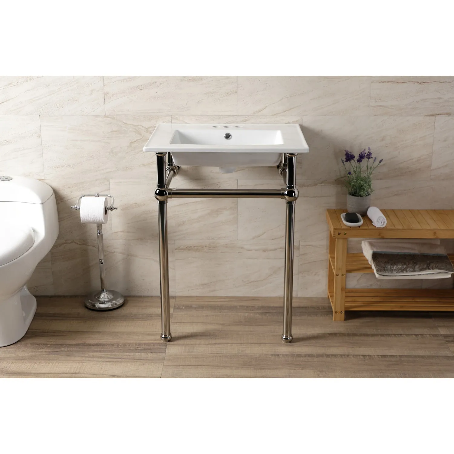 Fauceture KVBH25227W4B6 25-Inch Console Sink with Brass Legs (4-Inch, 3 Hole), White/Polished Nickel