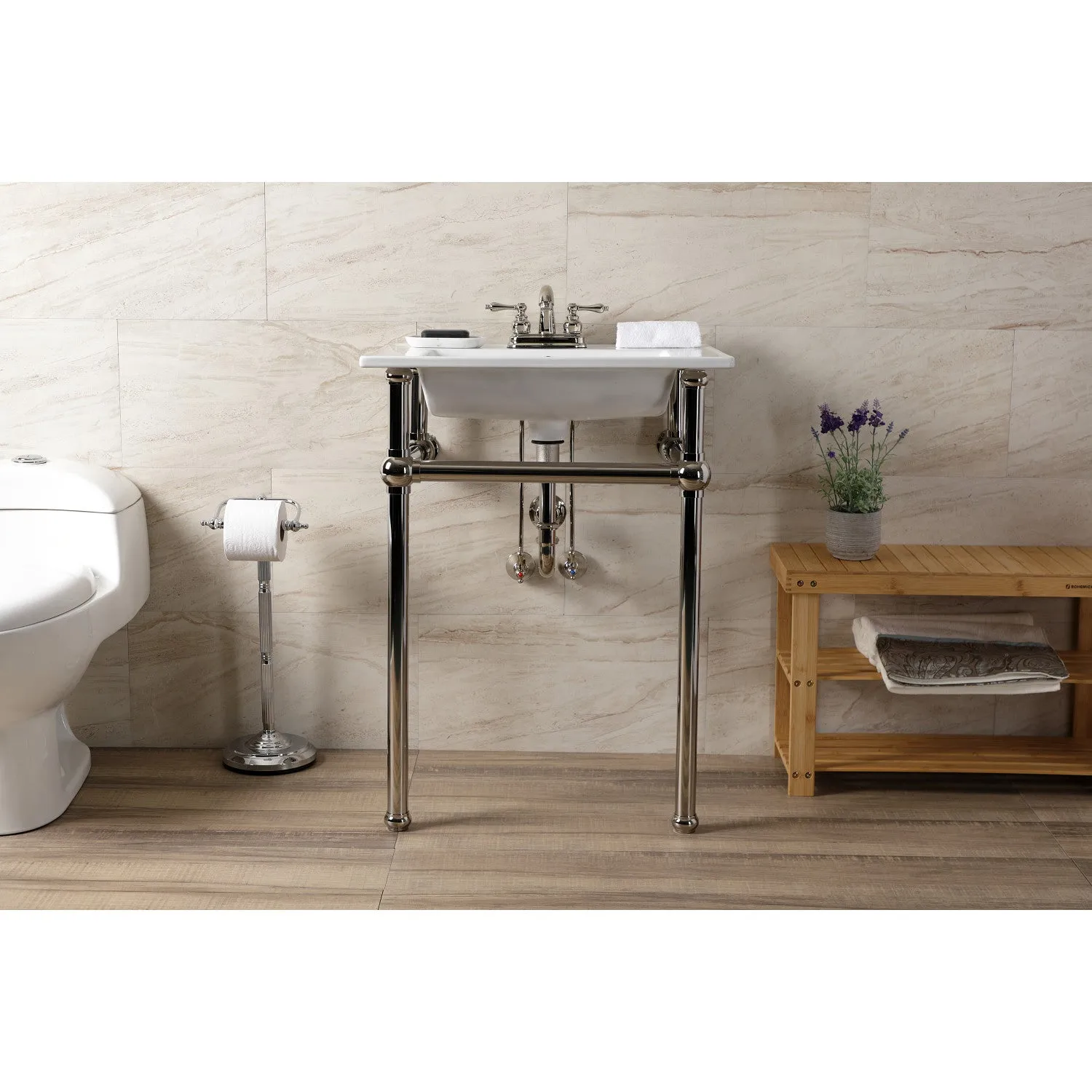 Fauceture KVBH25227W4B6 25-Inch Console Sink with Brass Legs (4-Inch, 3 Hole), White/Polished Nickel