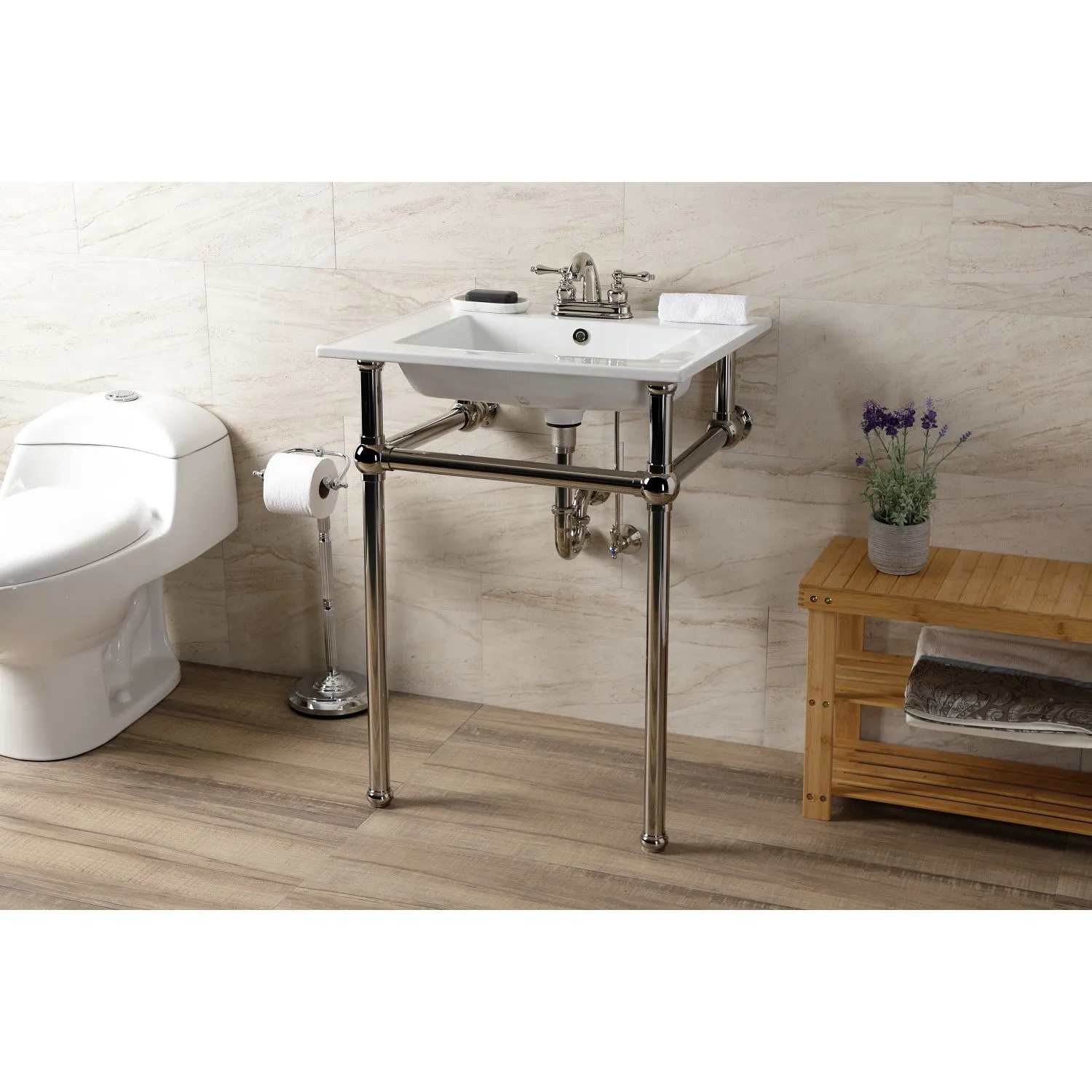 Fauceture KVBH25227W4B6 25-Inch Console Sink with Brass Legs (4-Inch, 3 Hole), White/Polished Nickel