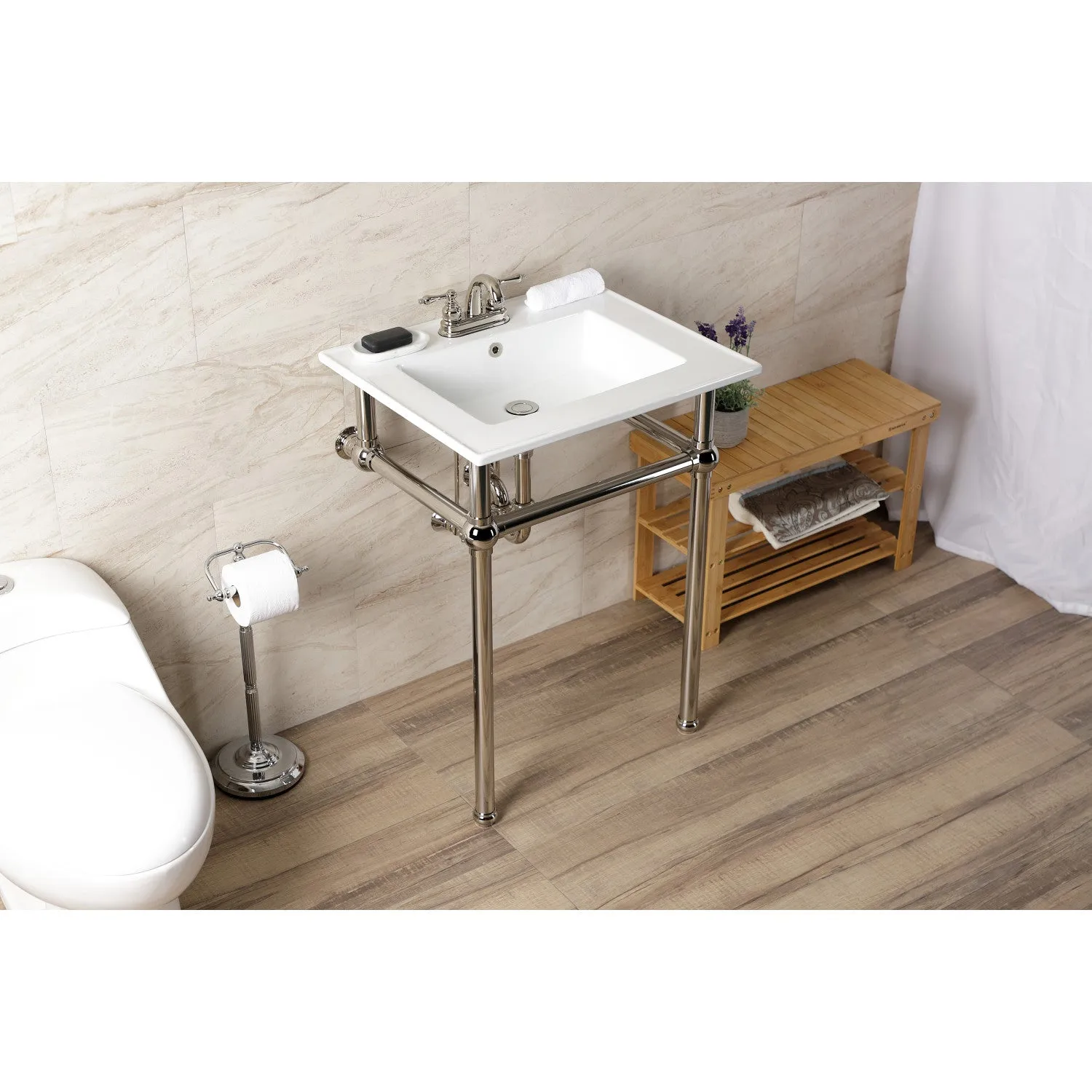 Fauceture KVBH25227W4B6 25-Inch Console Sink with Brass Legs (4-Inch, 3 Hole), White/Polished Nickel
