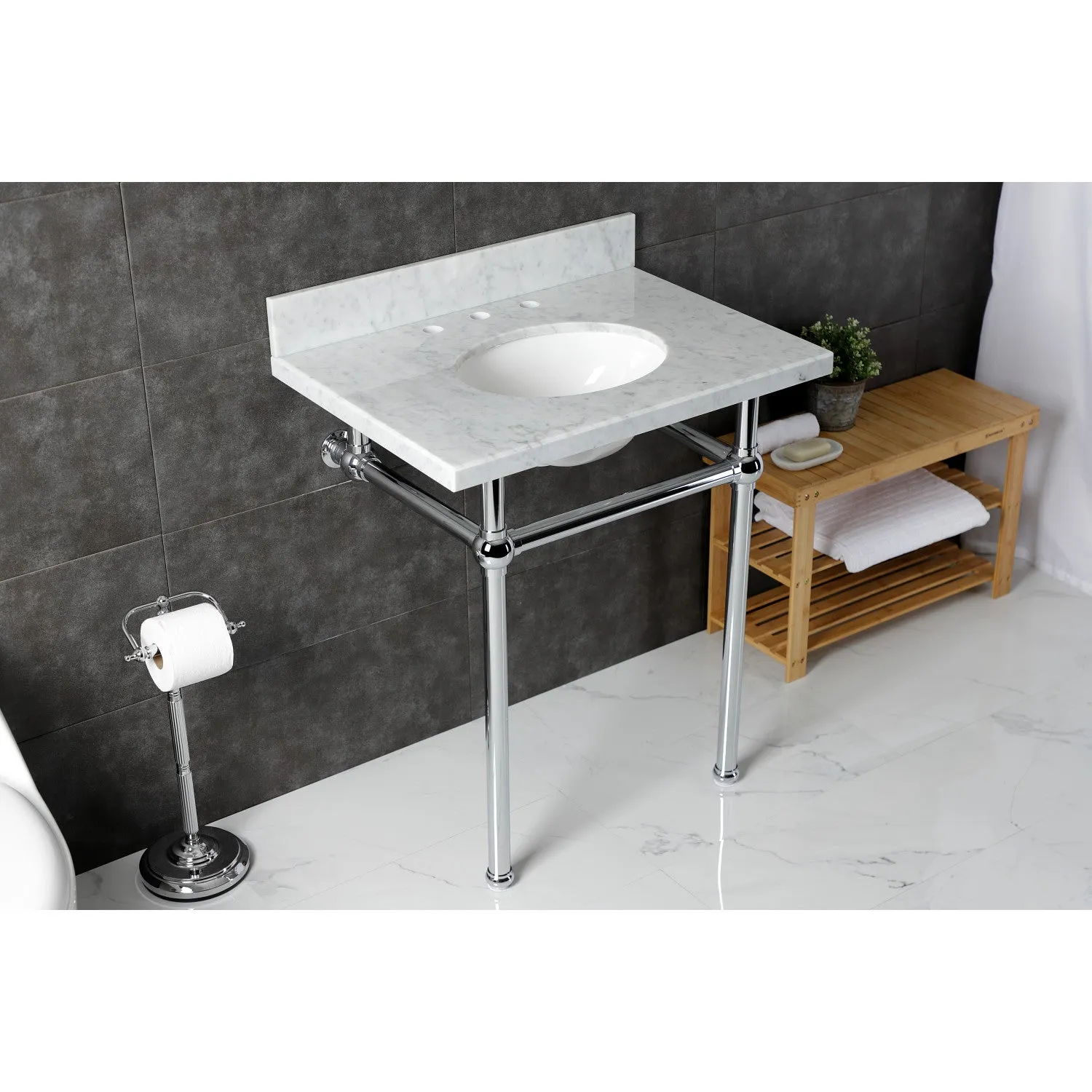 Fauceture KVBH3022M81 30-Inch Console Sink with Brass Legs (8-Inch, 3 Hole), Marble White/Polished Chrome