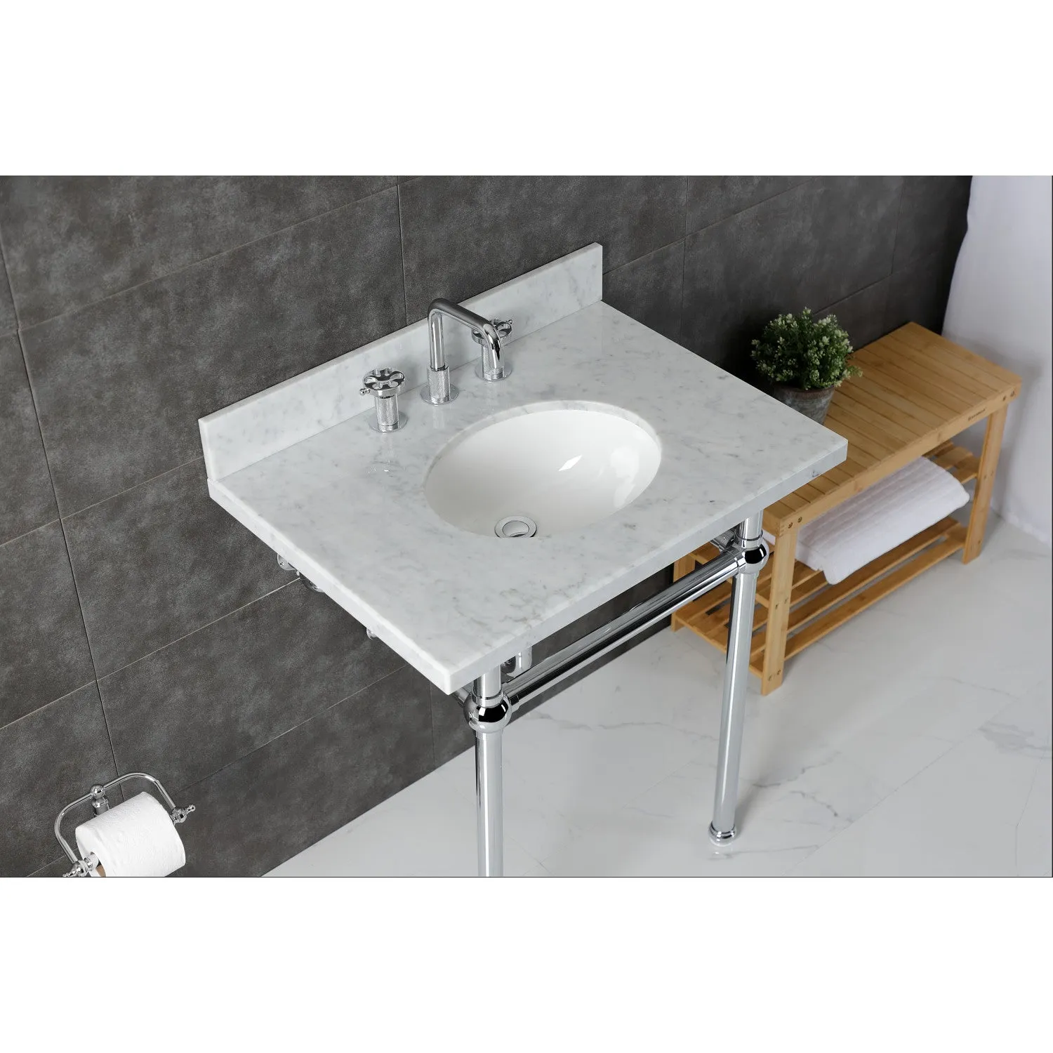 Fauceture KVBH3022M81 30-Inch Console Sink with Brass Legs (8-Inch, 3 Hole), Marble White/Polished Chrome