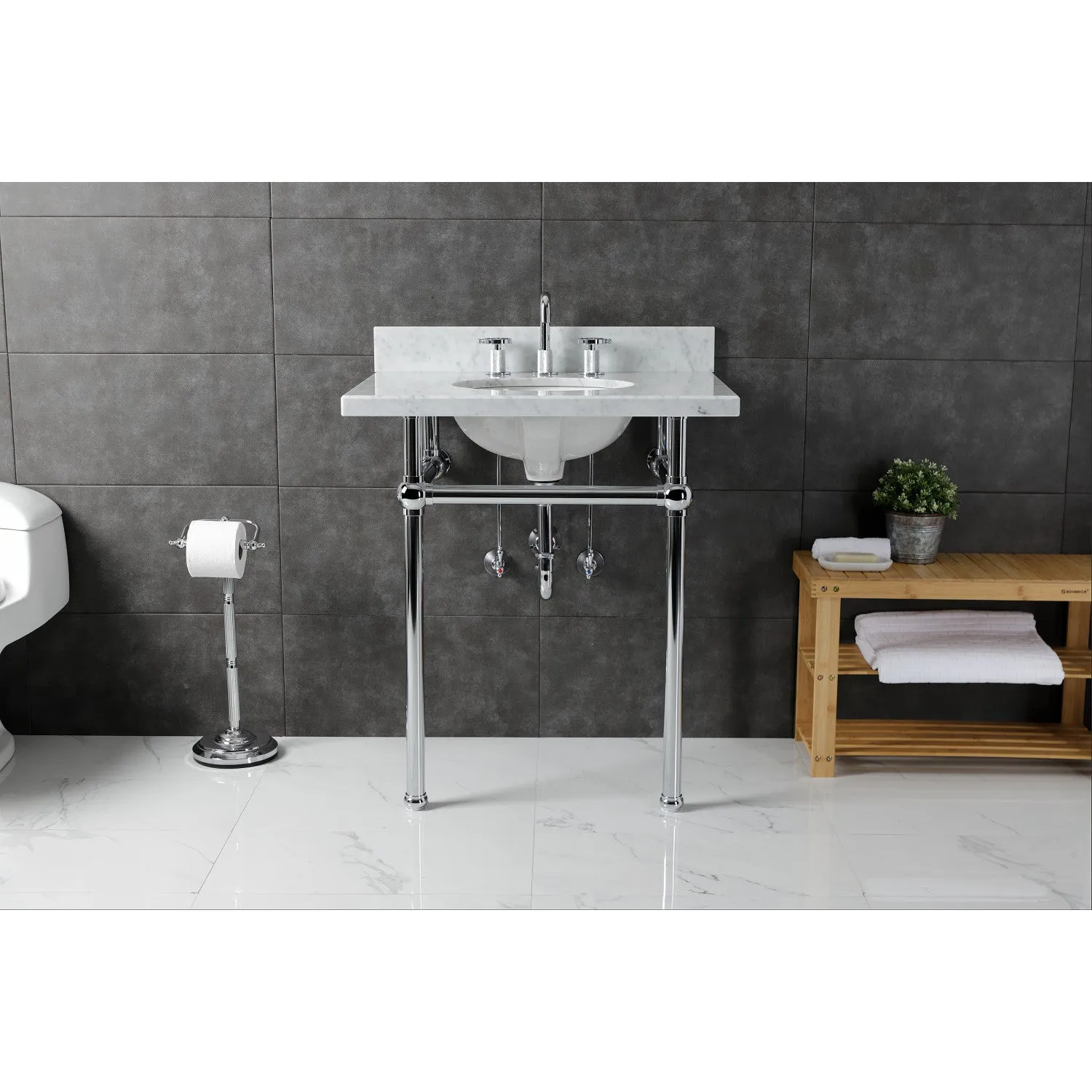 Fauceture KVBH3022M81 30-Inch Console Sink with Brass Legs (8-Inch, 3 Hole), Marble White/Polished Chrome