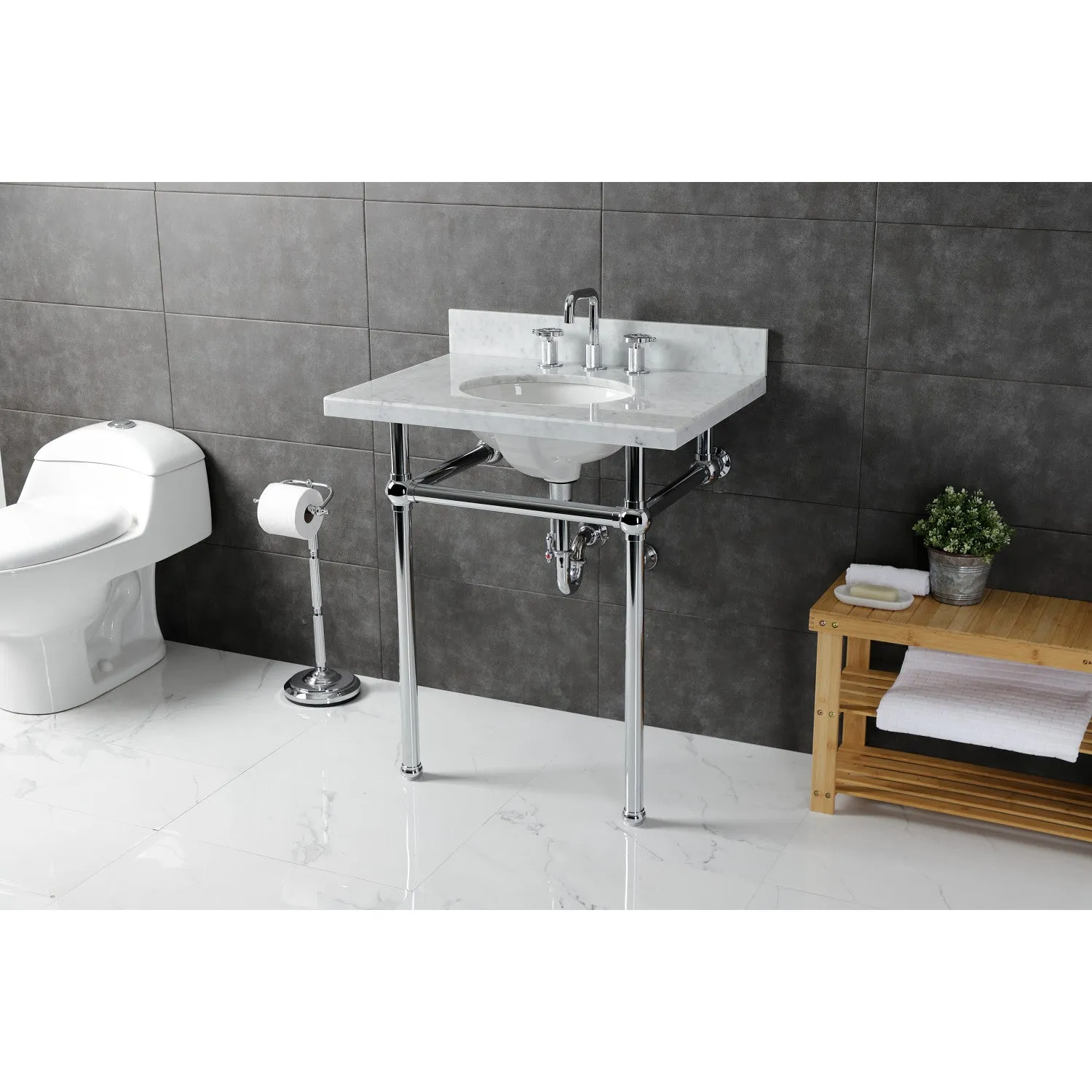 Fauceture KVBH3022M81 30-Inch Console Sink with Brass Legs (8-Inch, 3 Hole), Marble White/Polished Chrome