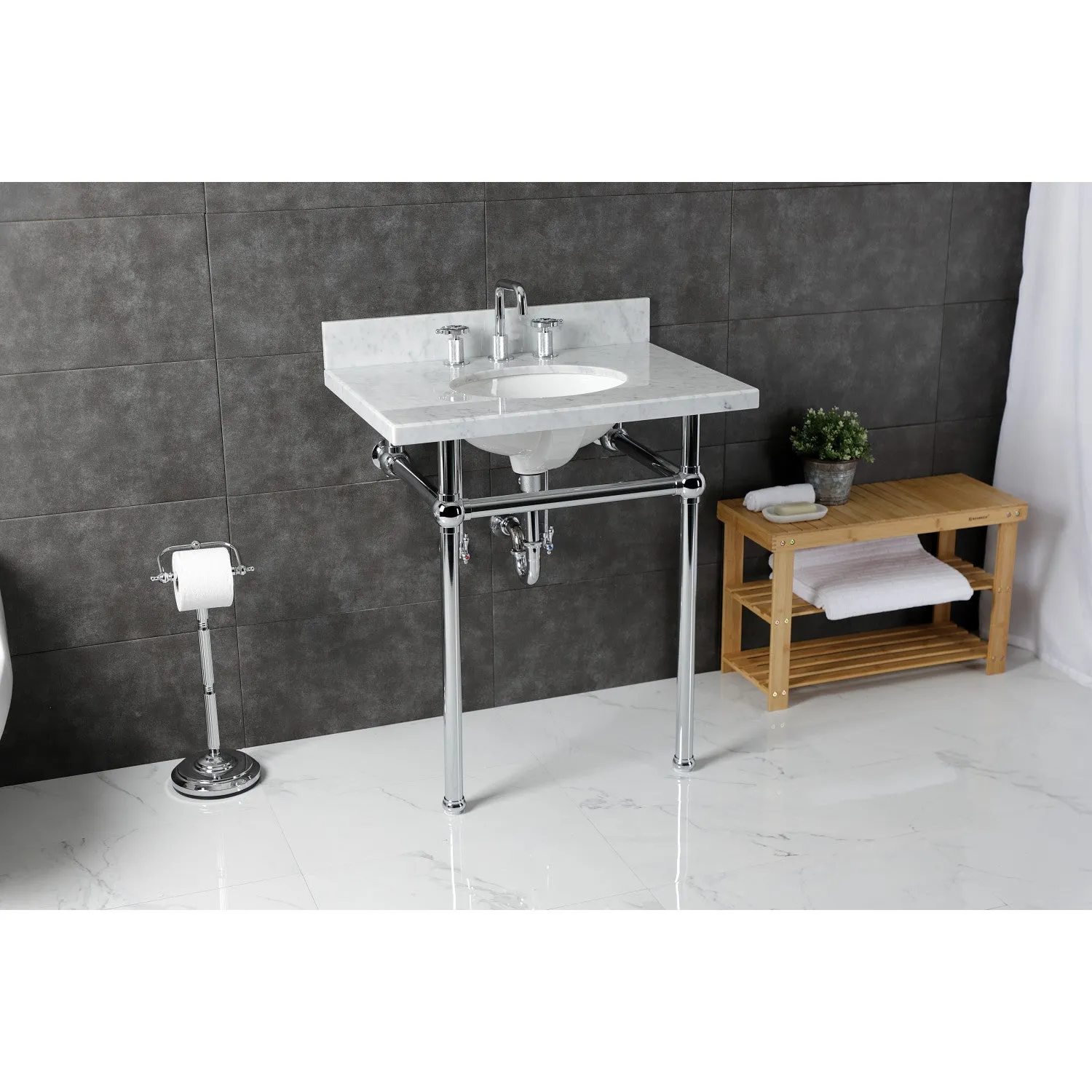 Fauceture KVBH3022M81 30-Inch Console Sink with Brass Legs (8-Inch, 3 Hole), Marble White/Polished Chrome