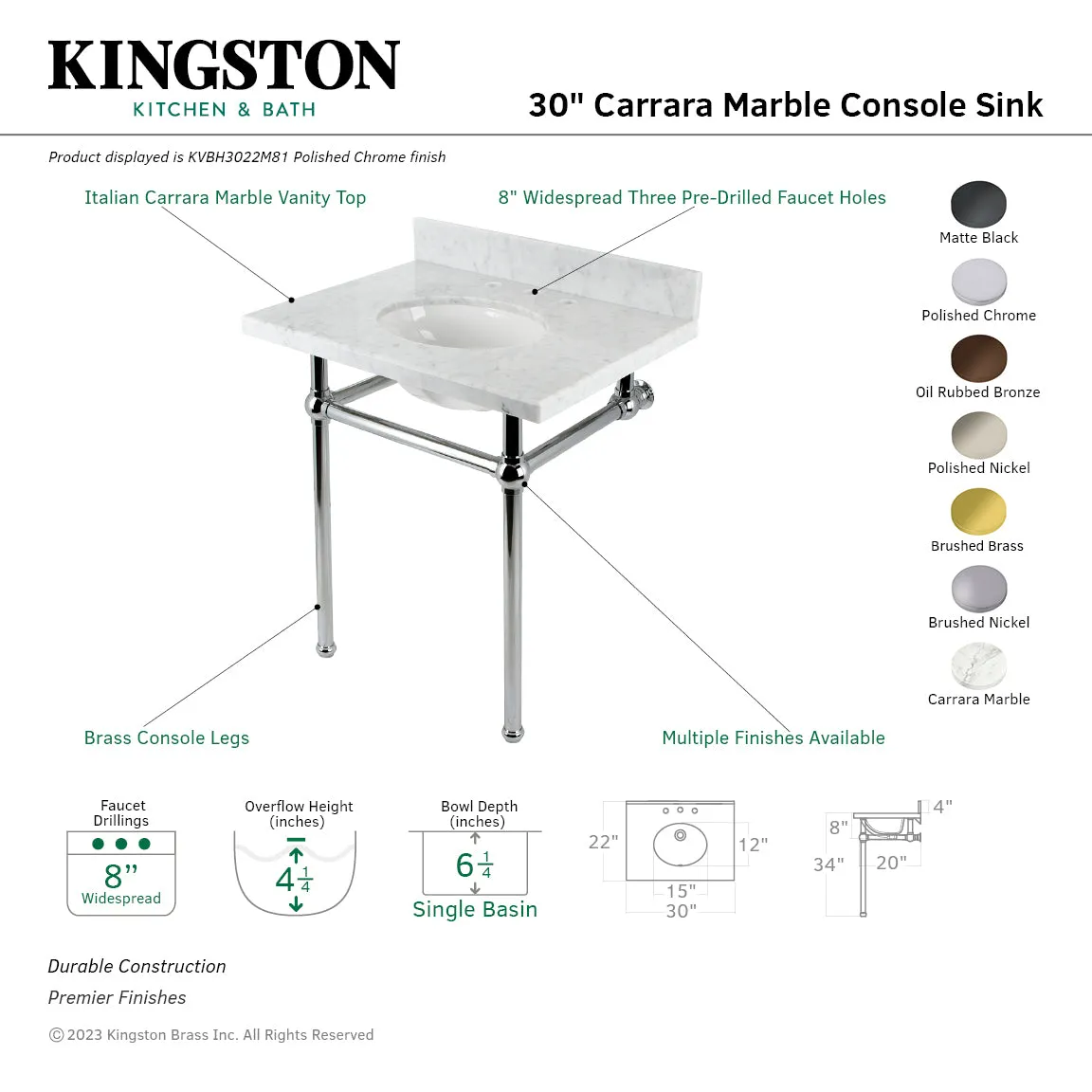 Fauceture KVBH3022M81 30-Inch Console Sink with Brass Legs (8-Inch, 3 Hole), Marble White/Polished Chrome