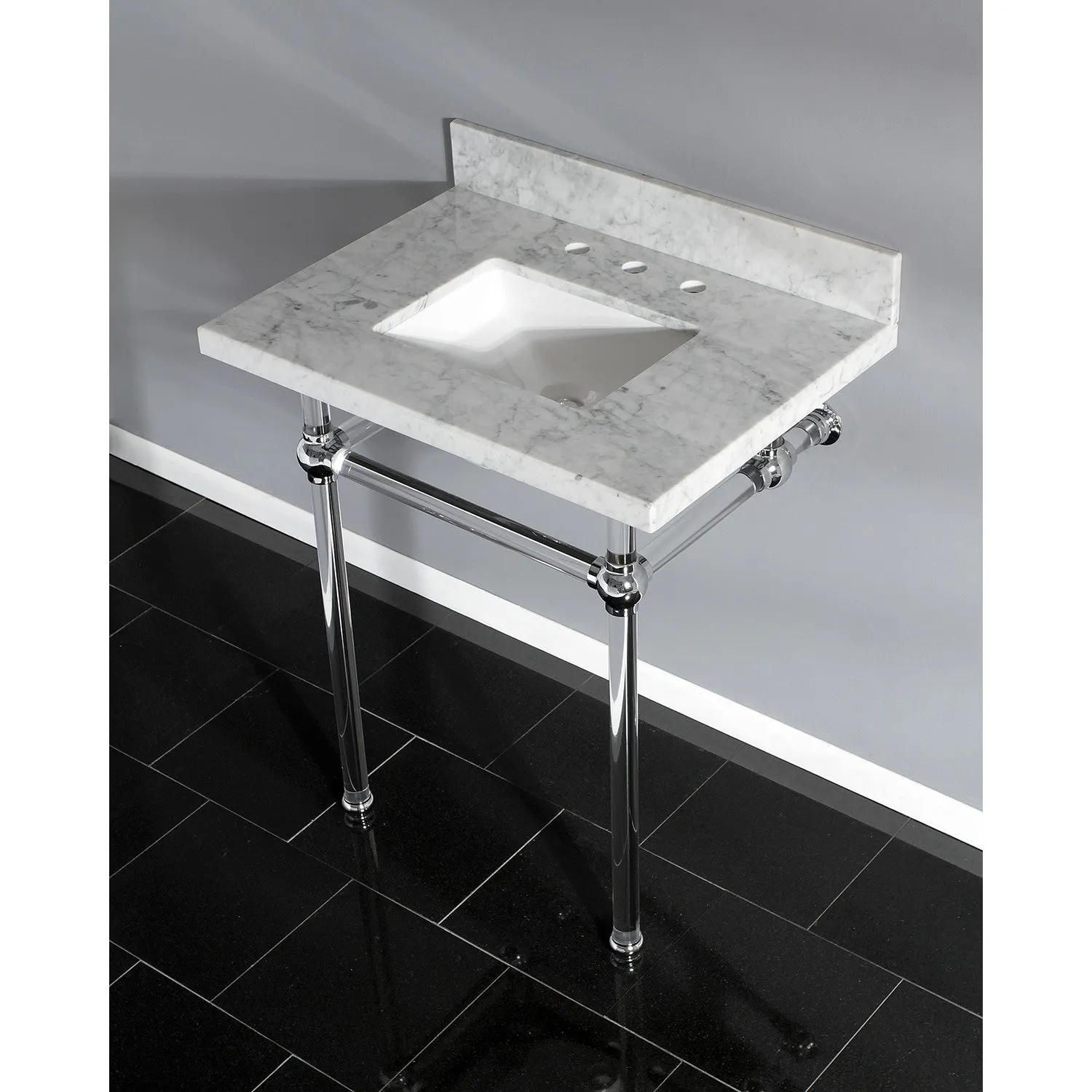 Fauceture KVPB30MASQ1 30-Inch Marble Console Sink with Acrylic Feet, Carrara Marble/Polished Chrome