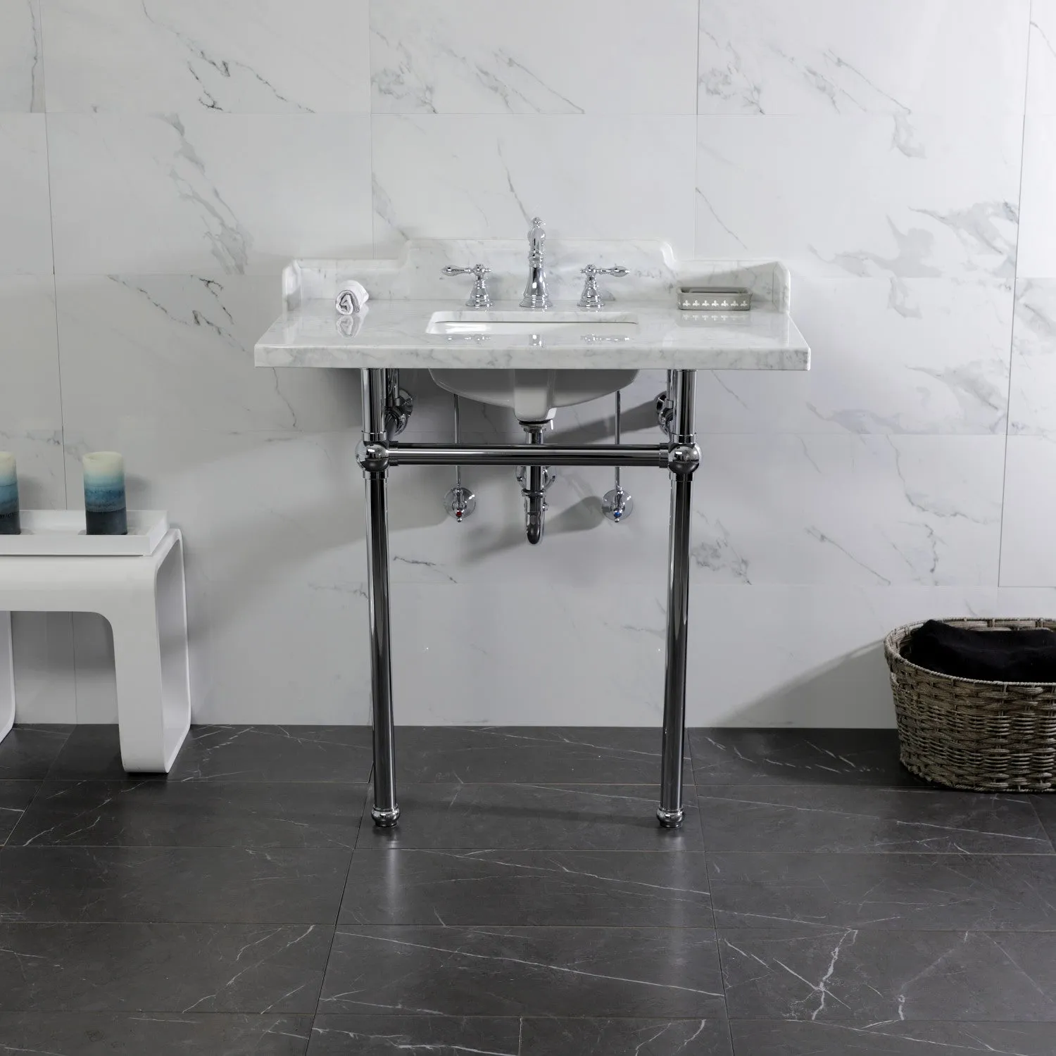 Fauceture LMS36MBSQ1 36-Inch Carrara Marble Console Sink with Brass Legs, Marble White/Polished Chrome