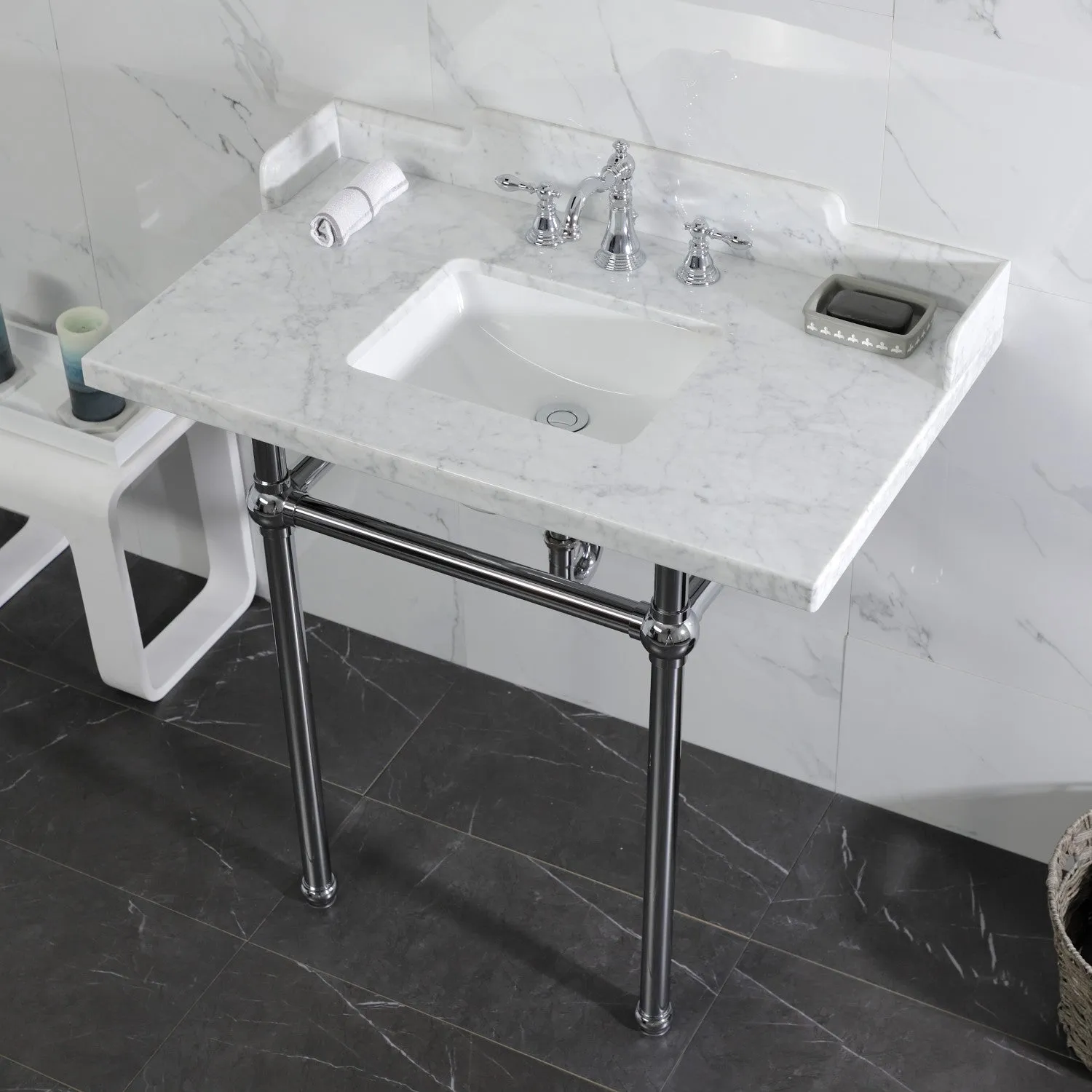Fauceture LMS36MBSQ1 36-Inch Carrara Marble Console Sink with Brass Legs, Marble White/Polished Chrome