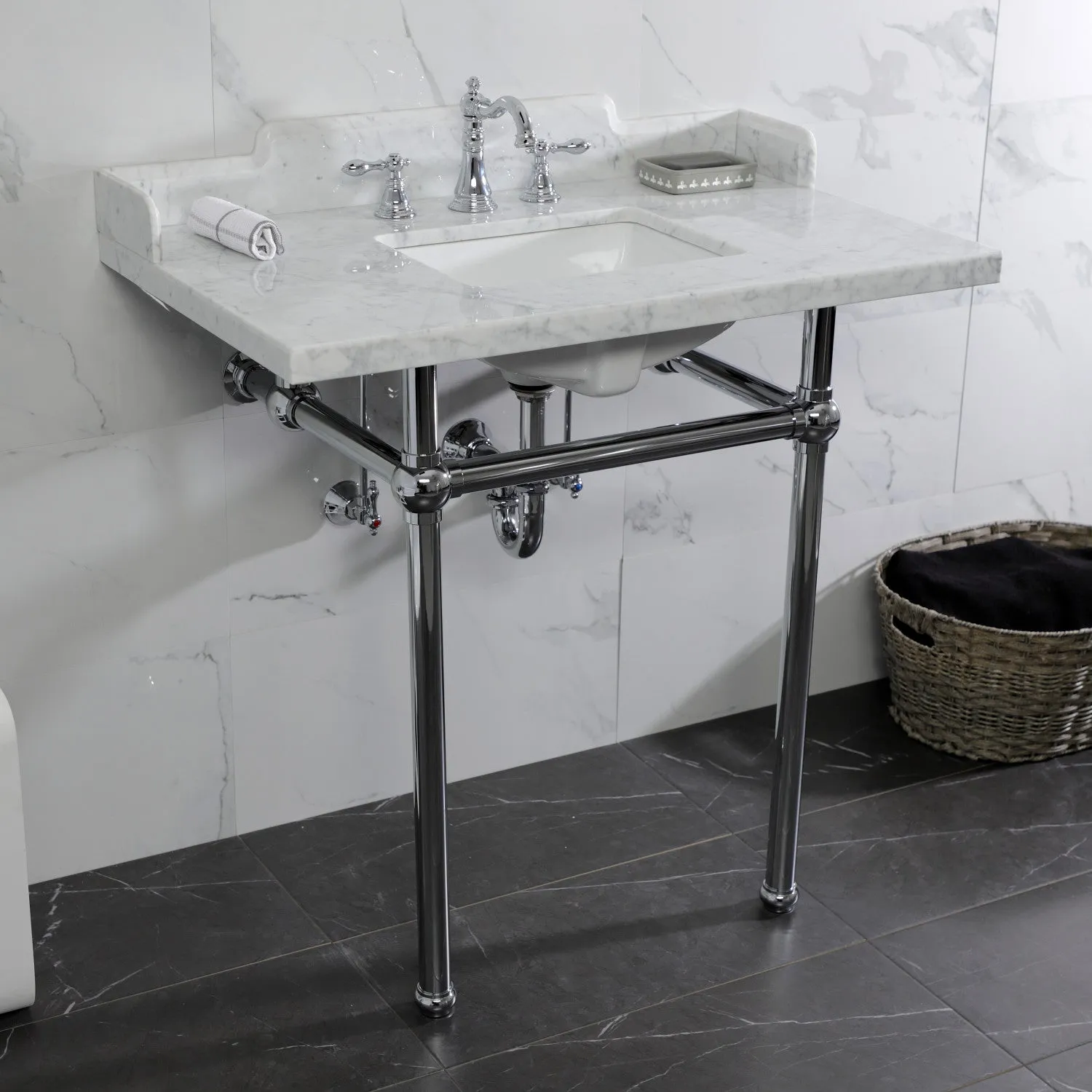 Fauceture LMS36MBSQ1 36-Inch Carrara Marble Console Sink with Brass Legs, Marble White/Polished Chrome