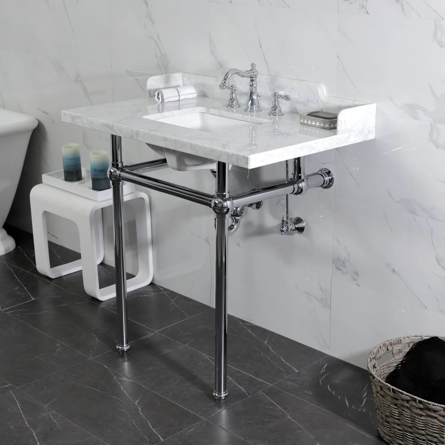 Fauceture LMS36MBSQ1 36-Inch Carrara Marble Console Sink with Brass Legs, Marble White/Polished Chrome