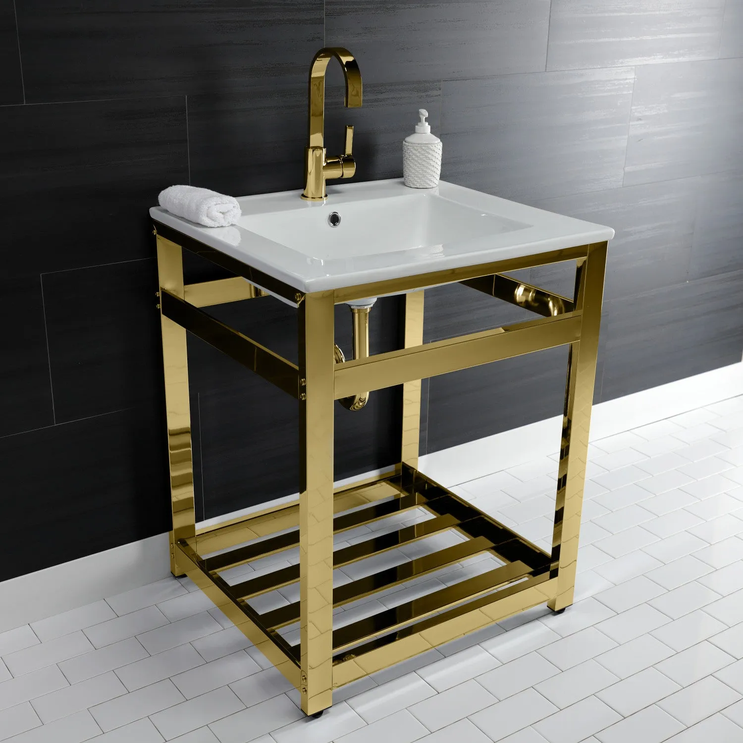 Fauceture VWP2522A2 25-Inch Ceramic Console Sink Set, White/Polished Brass