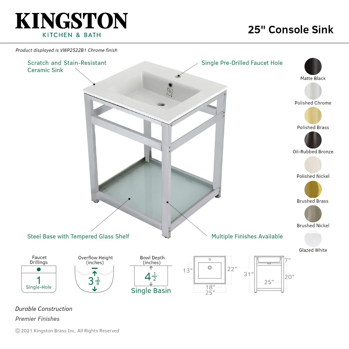 Fauceture VWP2522B2 25-Inch Ceramic Console Sink Set, White/Polished Brass