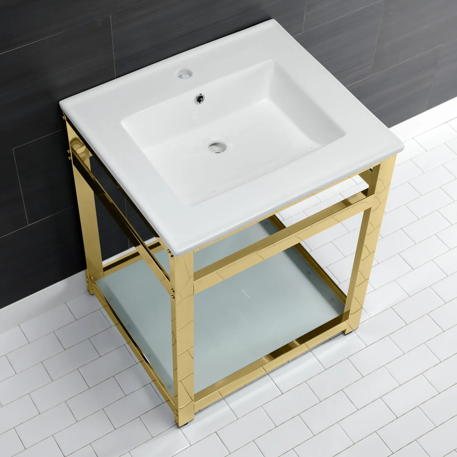 Fauceture VWP2522B2 25-Inch Ceramic Console Sink Set, White/Polished Brass