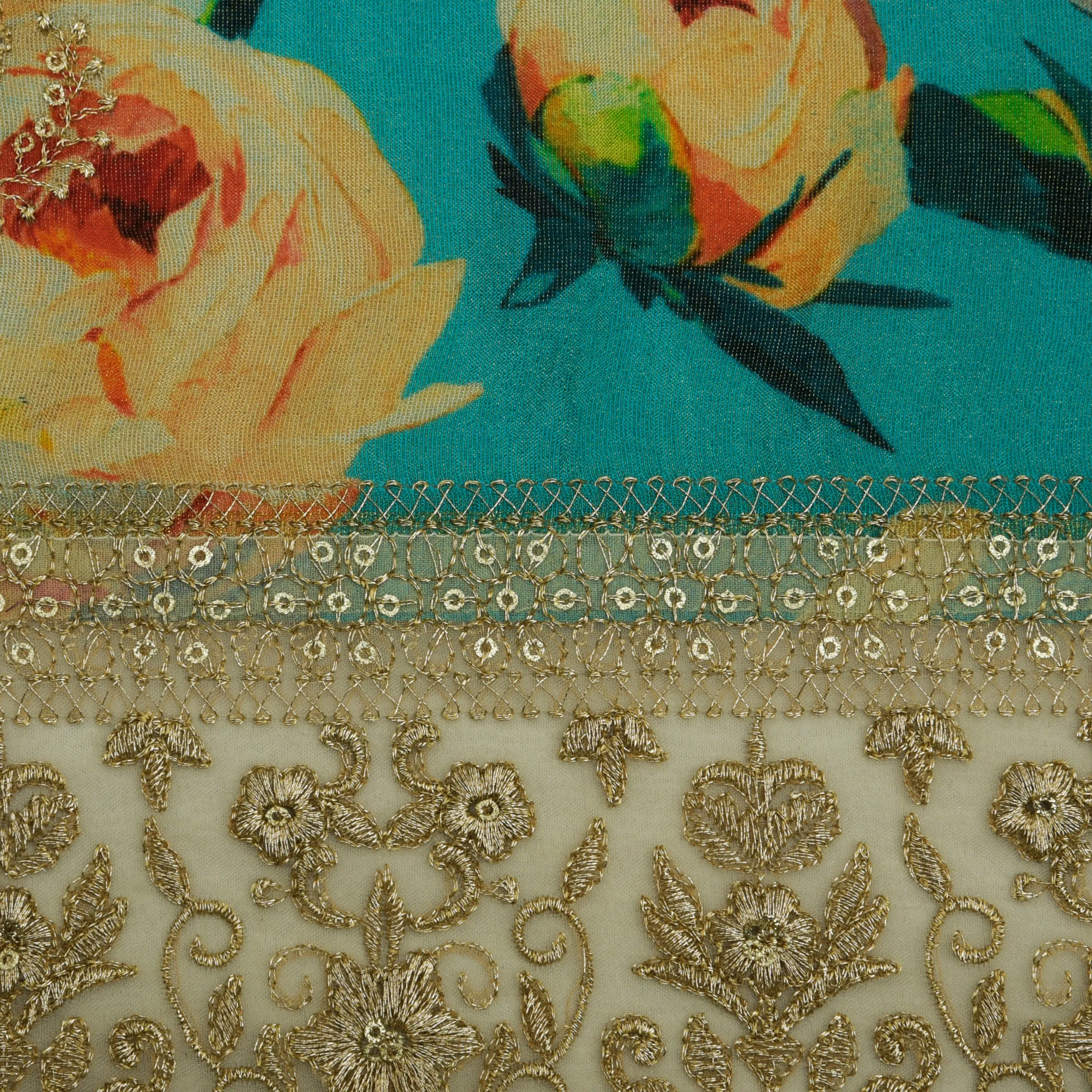 Firozi Color Tissue Border Embroidery Fabric