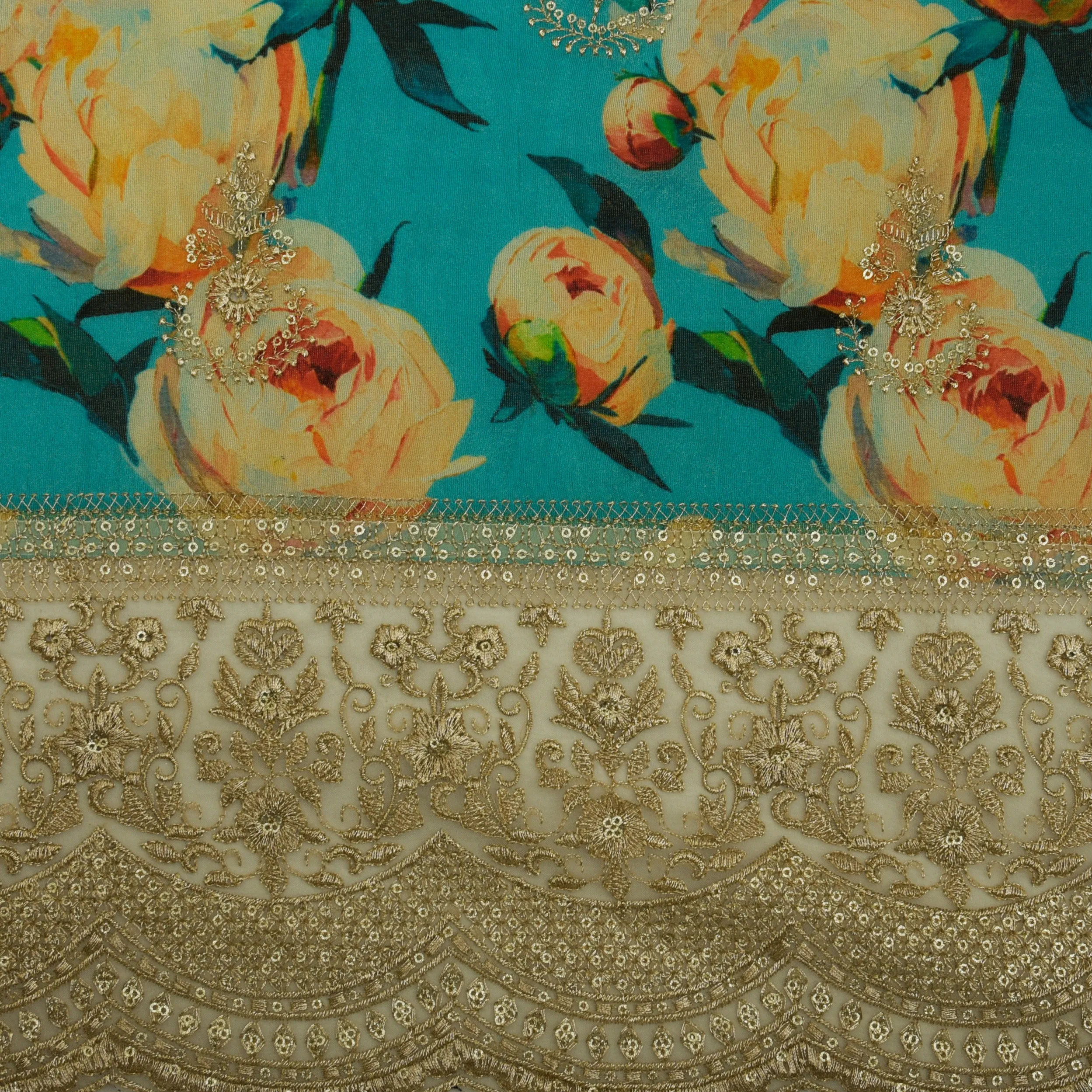 Firozi Color Tissue Border Embroidery Fabric