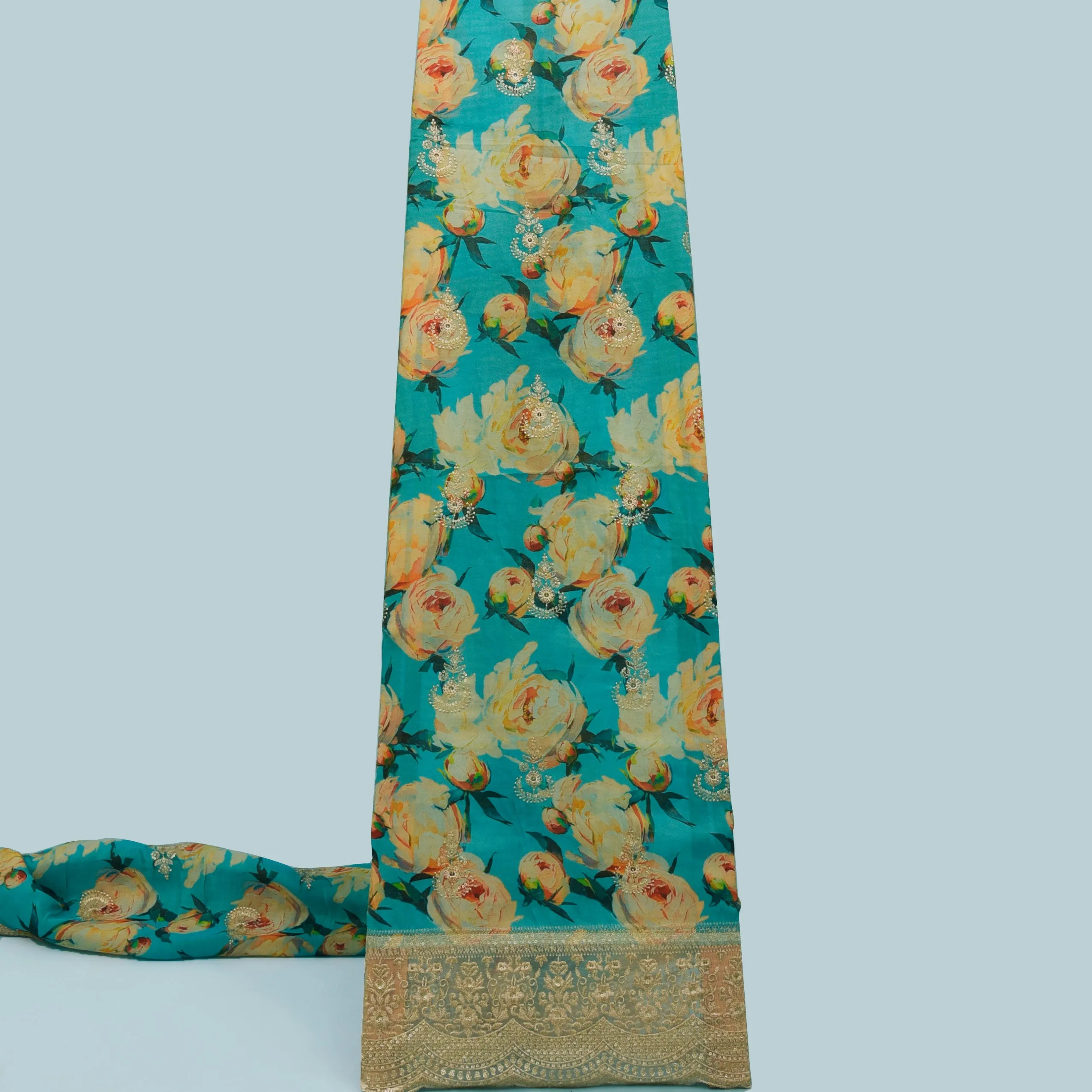 Firozi Color Tissue Border Embroidery Fabric