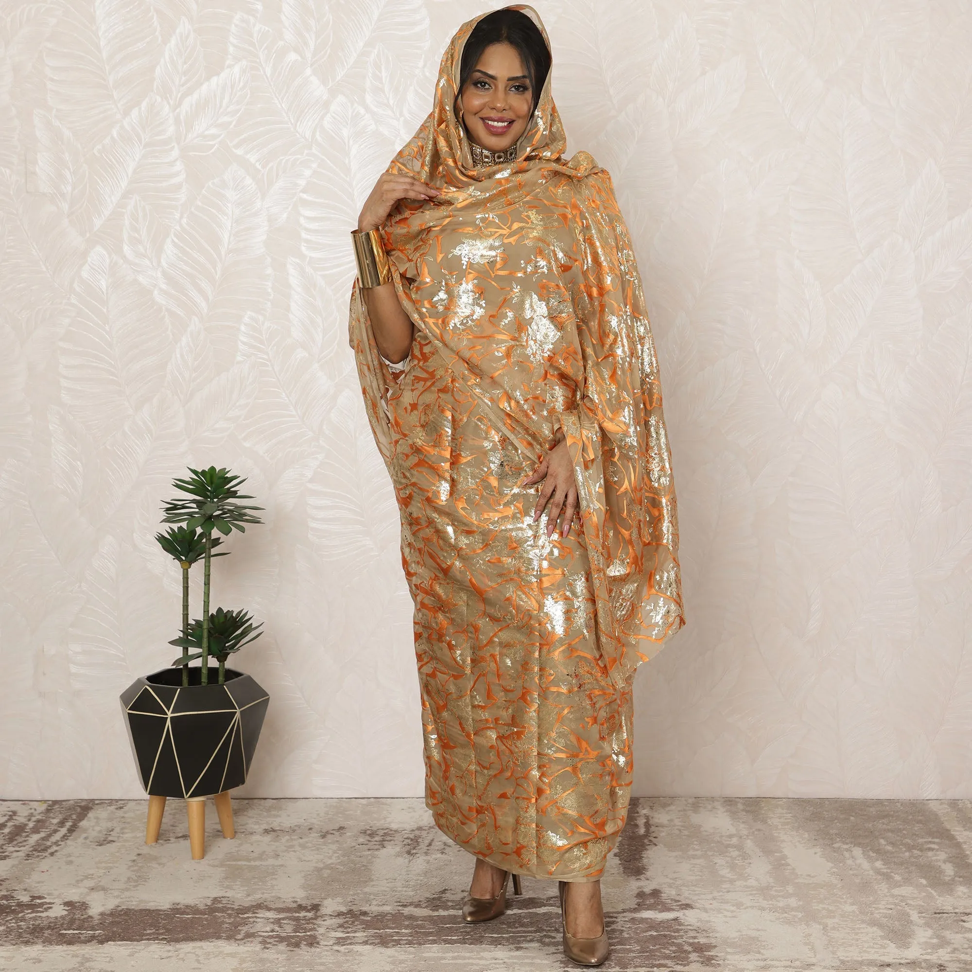 Gold and Orange Sudanese Thobe Fabric in Pure Silk Chiffon with Metallic Lurex and Jacquard, 4.5 Meters, 110 cm Width-D20412