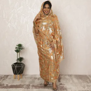 Gold and Orange Sudanese Thobe Fabric in Pure Silk Chiffon with Metallic Lurex and Jacquard, 4.5 Meters, 110 cm Width-D20412