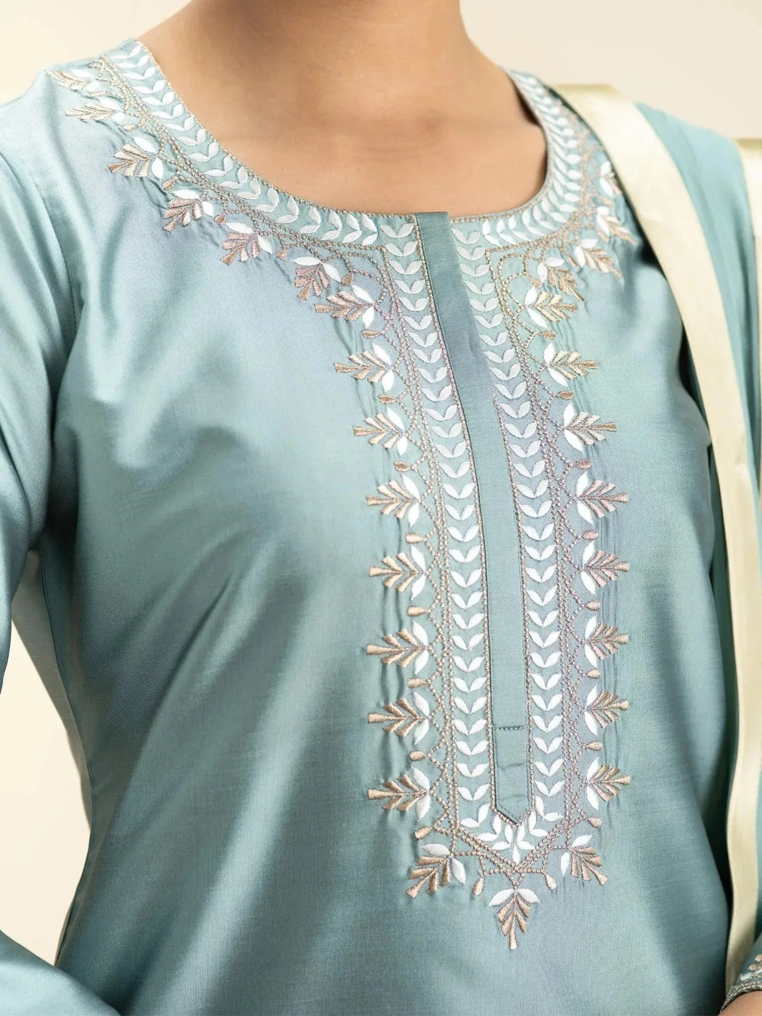 Grey Embroidered Silk Straight Kurta With Dupatta