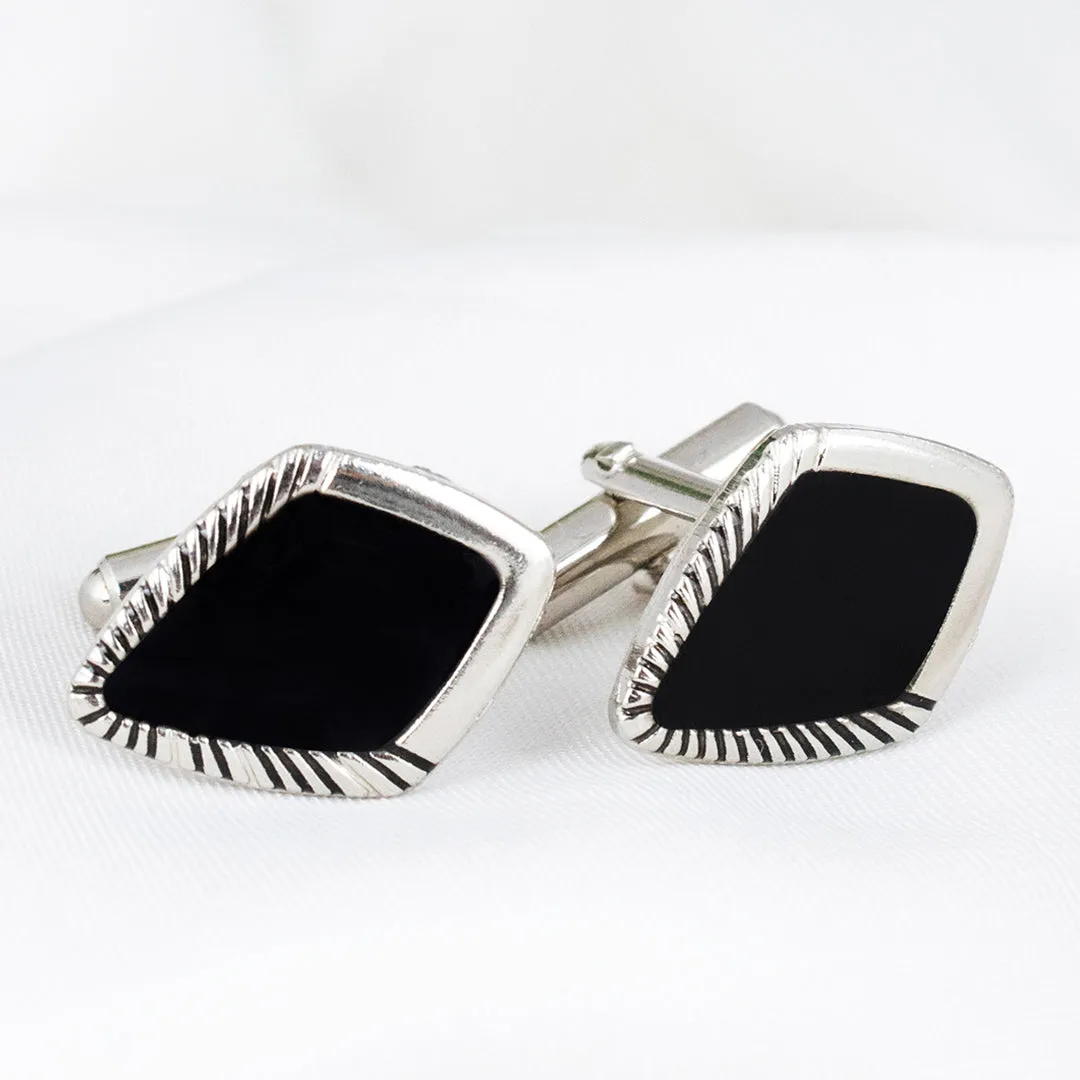 Kavove Exquisite Enamel Accents Black, Silver Cufflinks