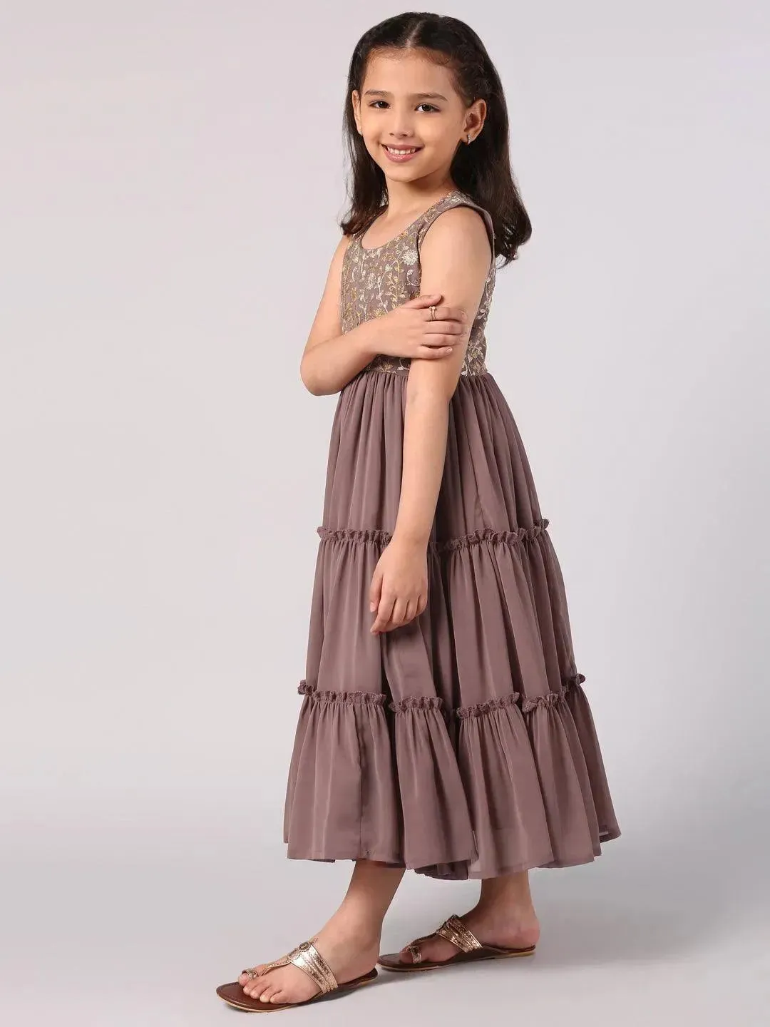 Kids Purple Embroidered Georgette Dress