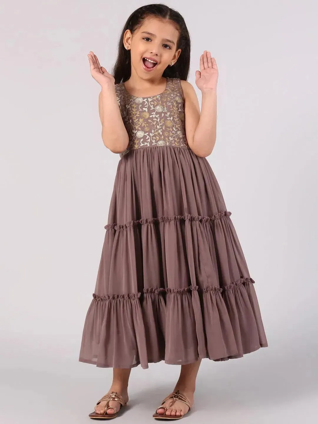 Kids Purple Embroidered Georgette Dress