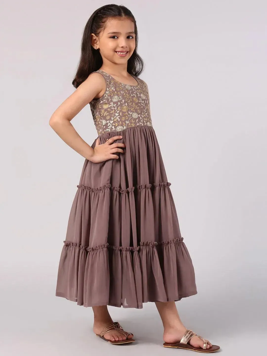 Kids Purple Embroidered Georgette Dress