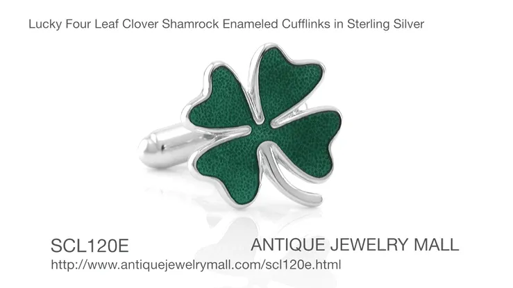 Lucky Four Leaf Clover Green Shamrock Enameled Cufflinks in 925 Solid Sterling Silver