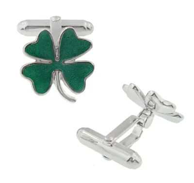 Lucky Four Leaf Clover Green Shamrock Enameled Cufflinks in 925 Solid Sterling Silver