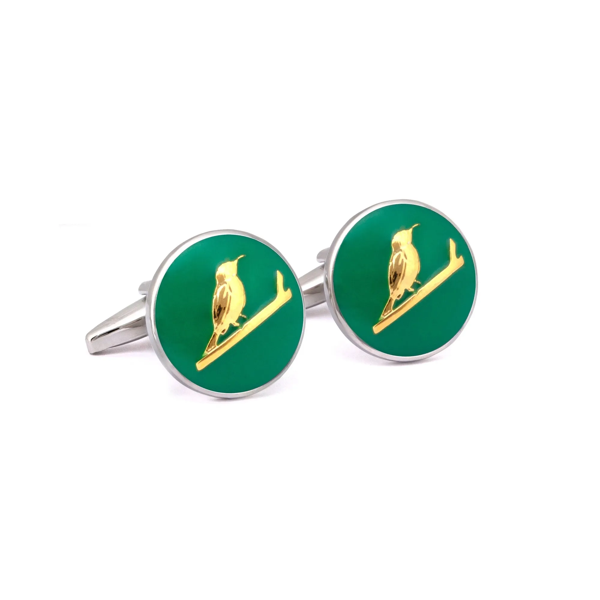 MarZthomson Botanic Series - Round Gold Sunbird Cufflinks in Green