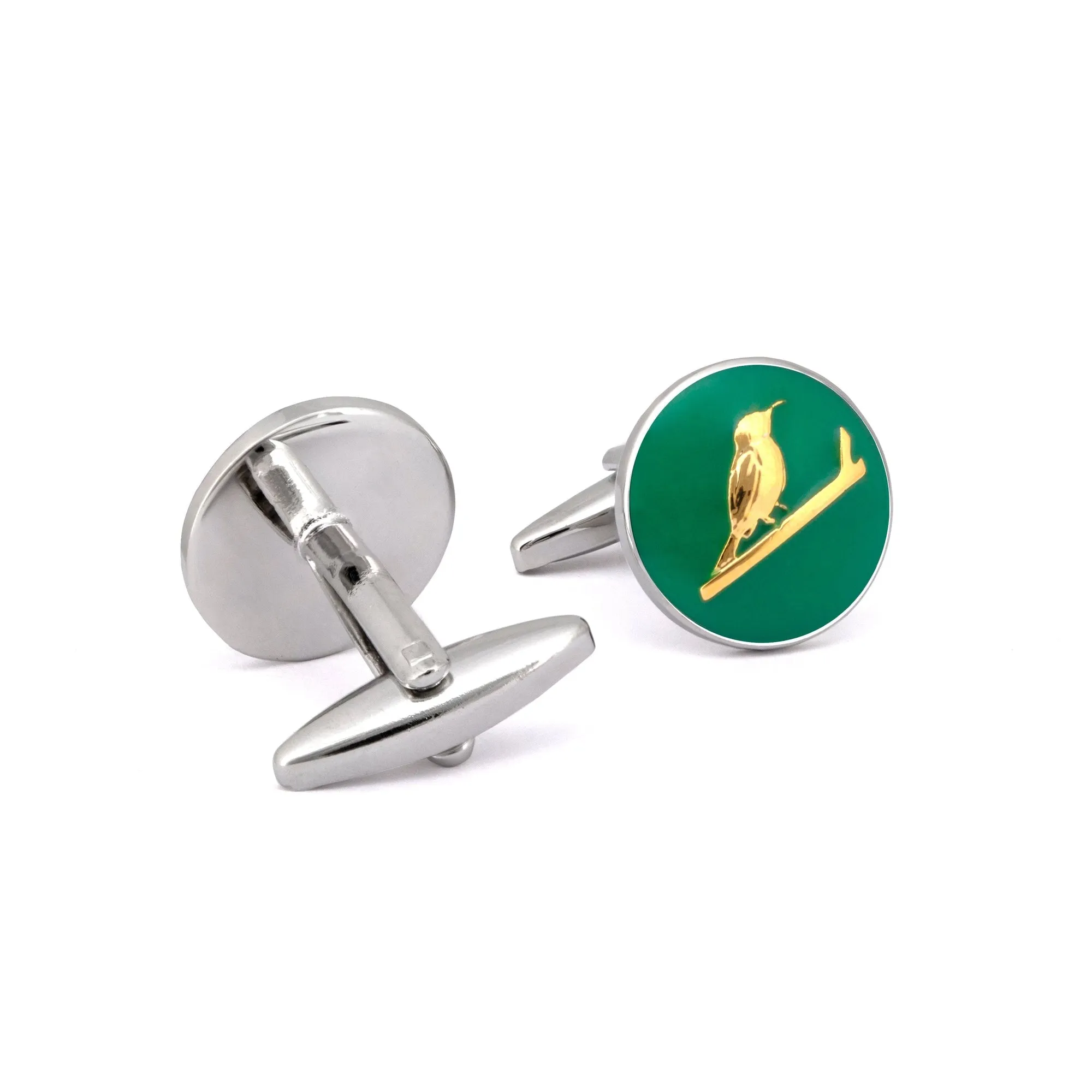 MarZthomson Botanic Series - Round Gold Sunbird Cufflinks in Green