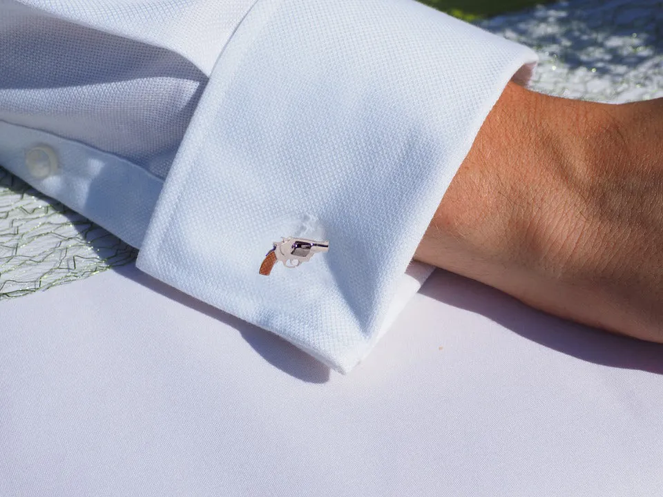 Movable Revolver Silver Cufflinks