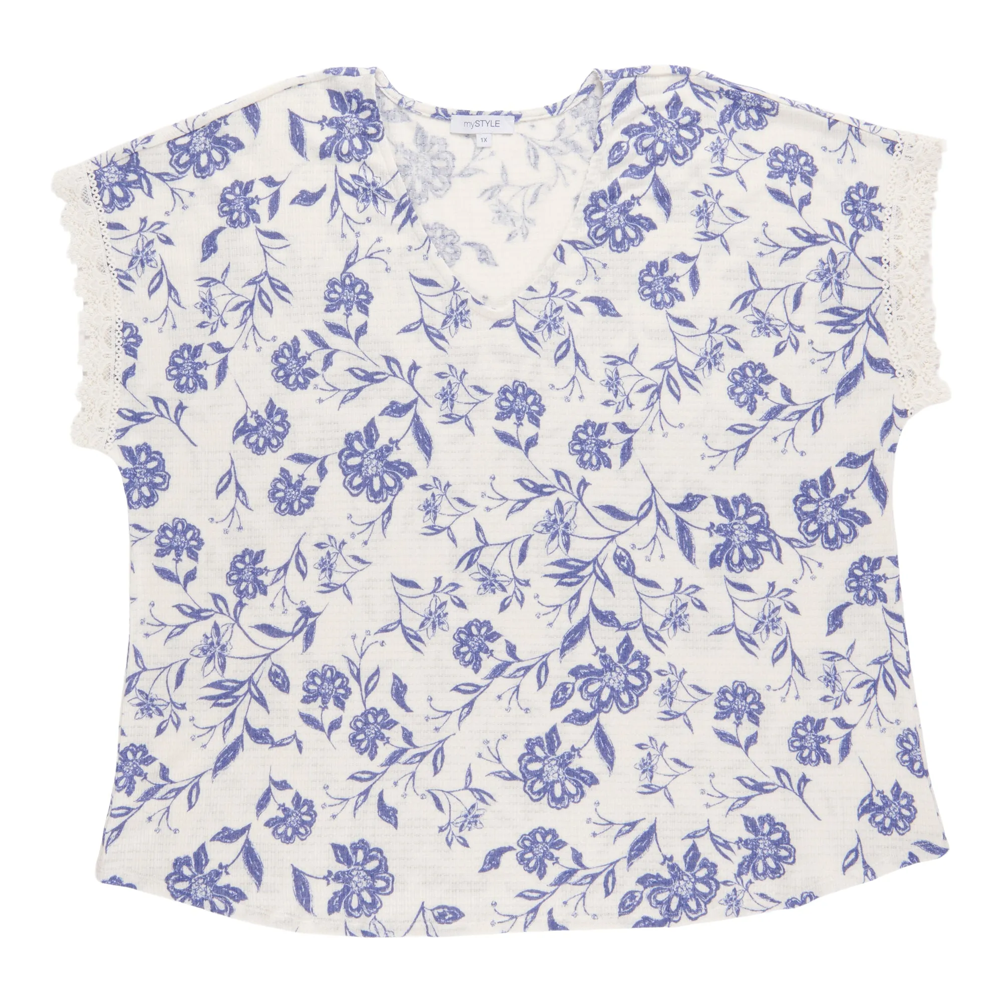 mySTYLE Women's Plus Mykonos Printed Crochet Top