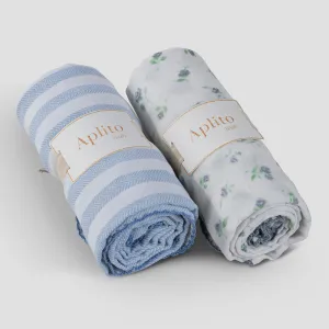 Organic Cotton Baby Swaddle Set | Petal Kiss | Blue & Ivory