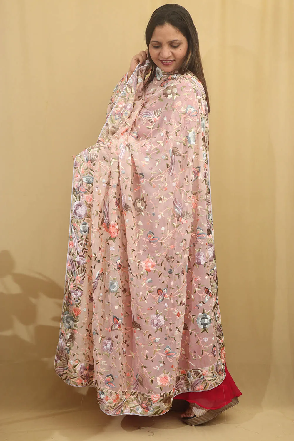 Peach Parsi Hand Embroidered Pure Georgette Dupatta