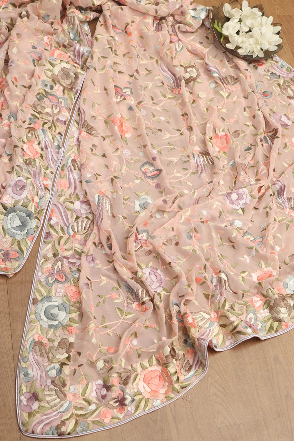 Peach Parsi Hand Embroidered Pure Georgette Dupatta