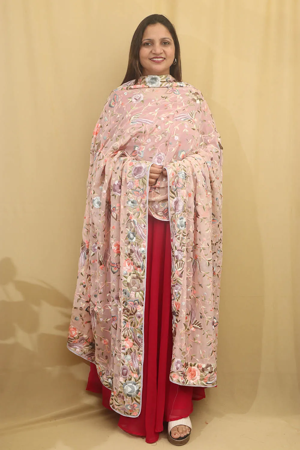 Peach Parsi Hand Embroidered Pure Georgette Dupatta