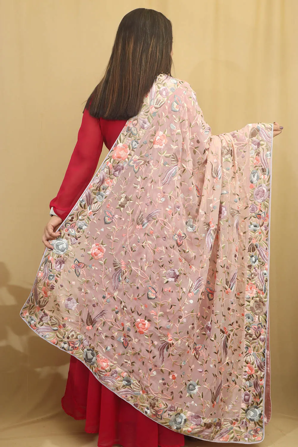 Peach Parsi Hand Embroidered Pure Georgette Dupatta