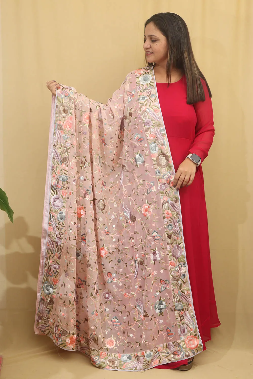 Peach Parsi Hand Embroidered Pure Georgette Dupatta