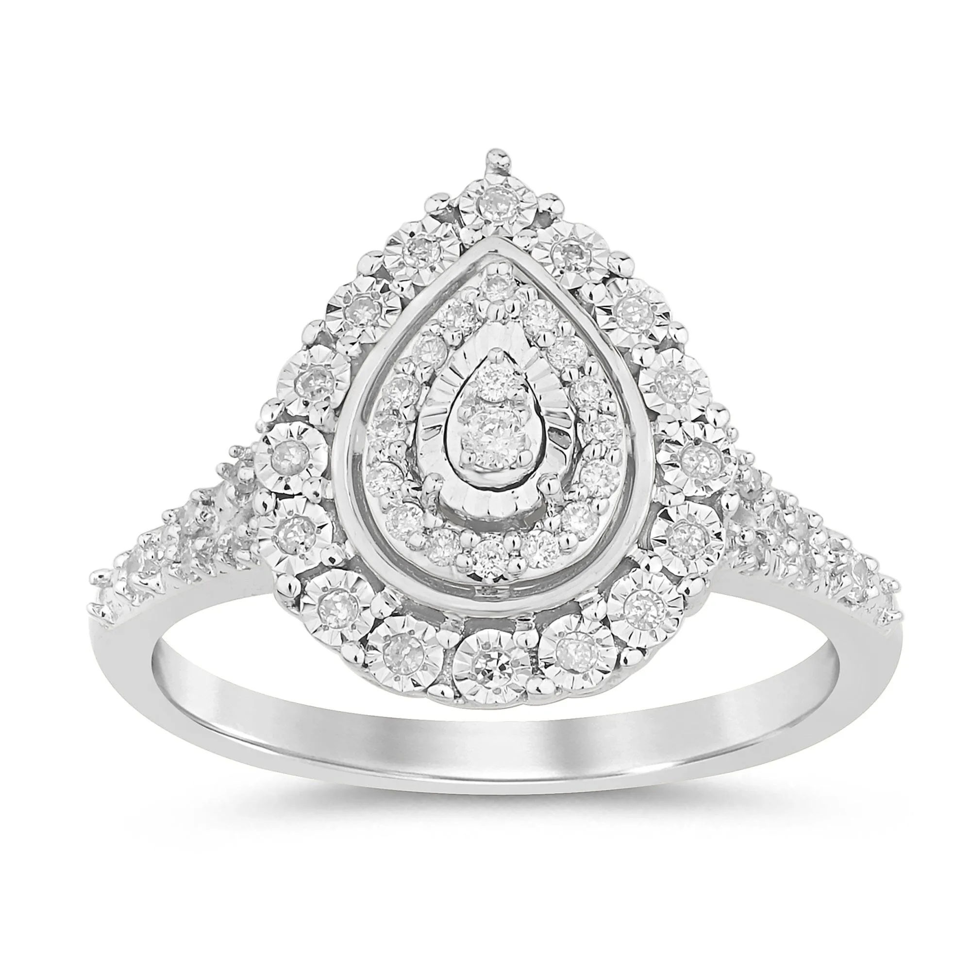 Pear Shaped Halo Ring with 0.15ct of Diamonds in Sterling Silver