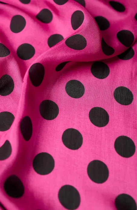 Pink-Black Polka Dot Pattern Printed Natural Muslin Silk Fabric