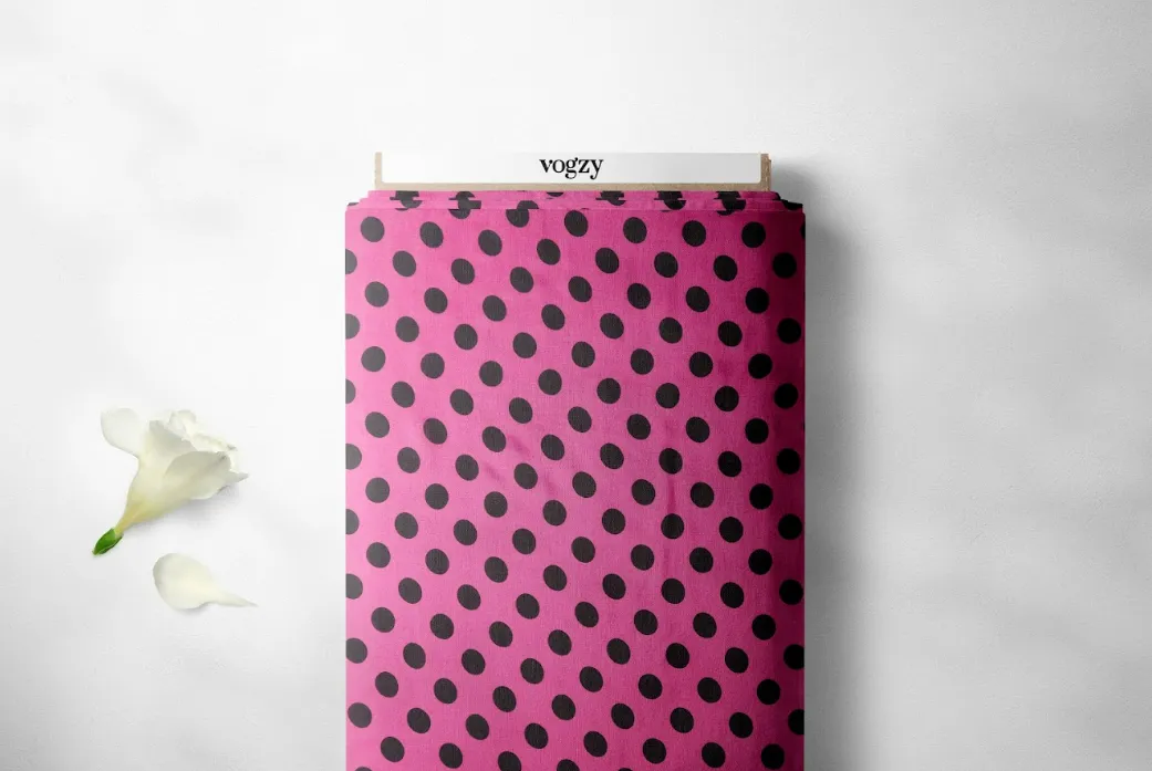Pink-Black Polka Dot Pattern Printed Natural Muslin Silk Fabric