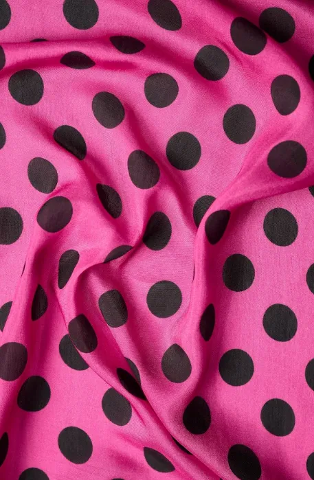 Pink-Black Polka Dot Pattern Printed Natural Muslin Silk Fabric