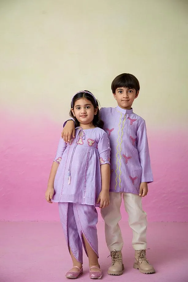 Pirate Adventure- Digital Lavender Hand Embroidered Kurta Set for Boys