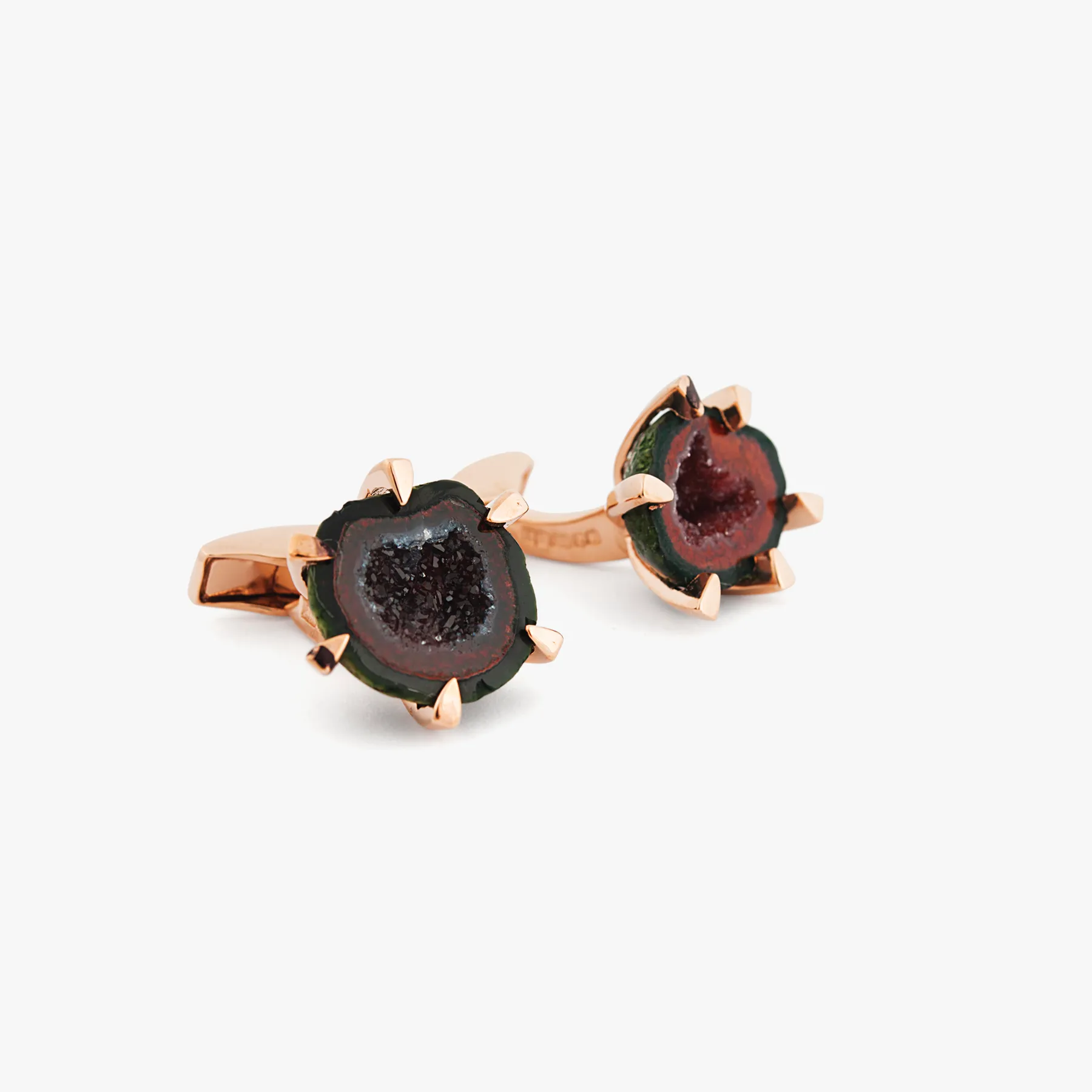 Red Geode cufflinks in rose gold plated sterling silver