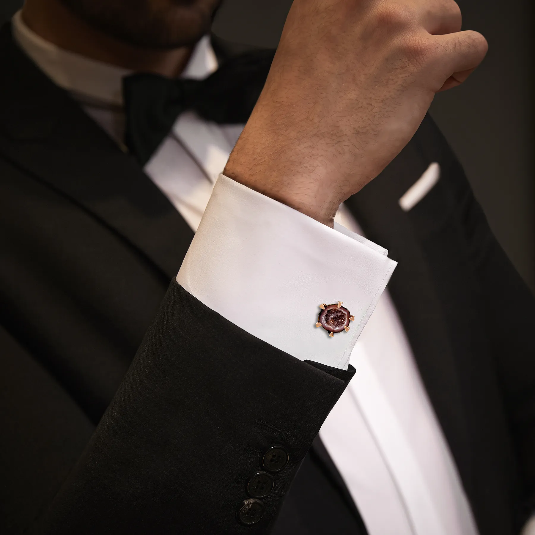 Red Geode cufflinks in rose gold plated sterling silver