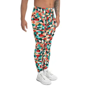Red Geometric Mixed Men's Leggings, Best Sports Tights Meggings For Men-Made in USA/EU/MX