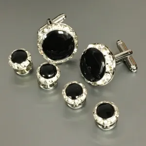 Round Silver Cufflinks and Studs Set with Jet & Crystal