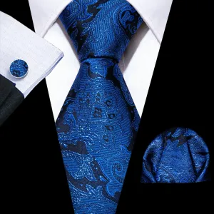Royal Blue Paisley Silk Tie, Pocket Square, and Cufflinks Set